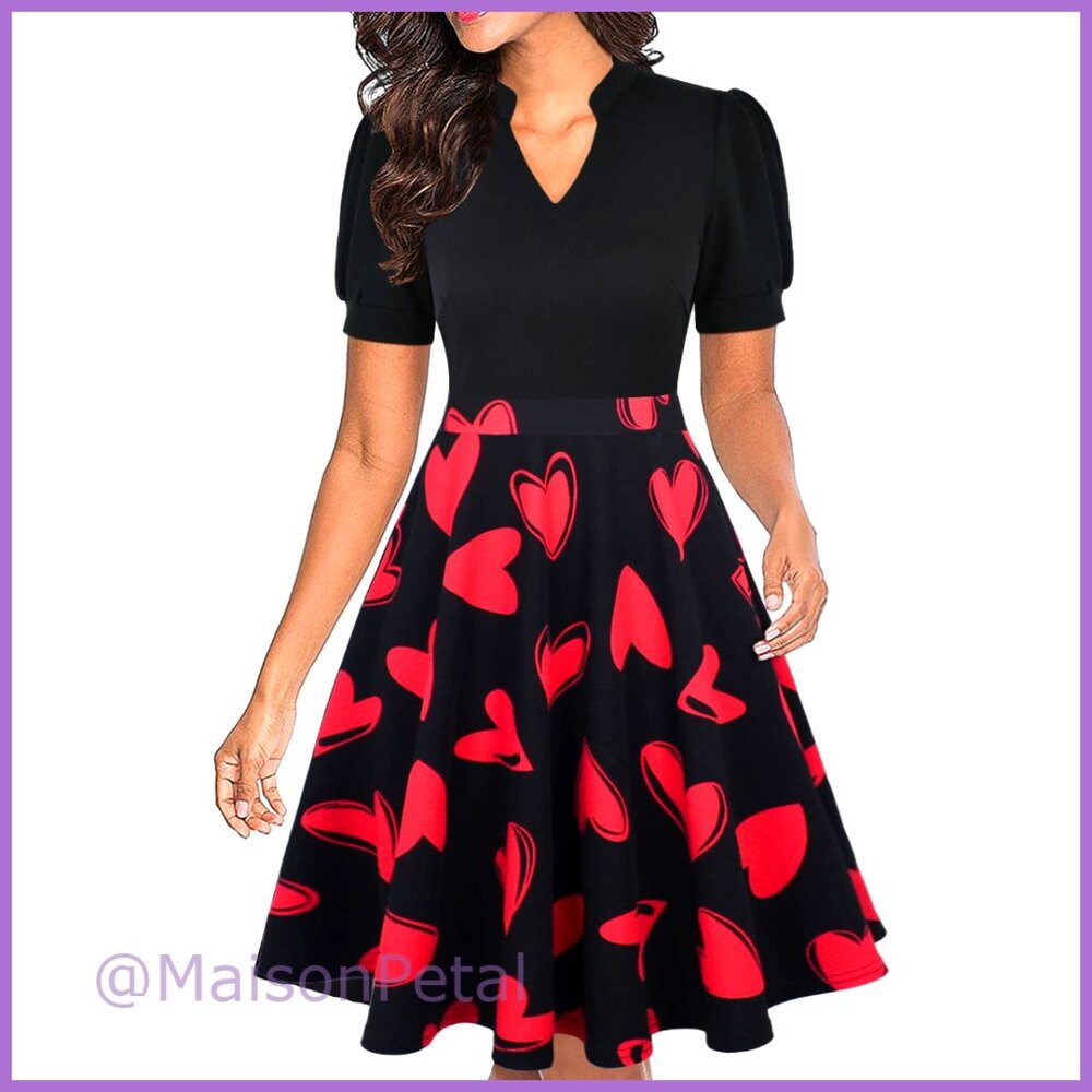 Summer Short Puff Sleeve Fit and Flare Dress with Pockets